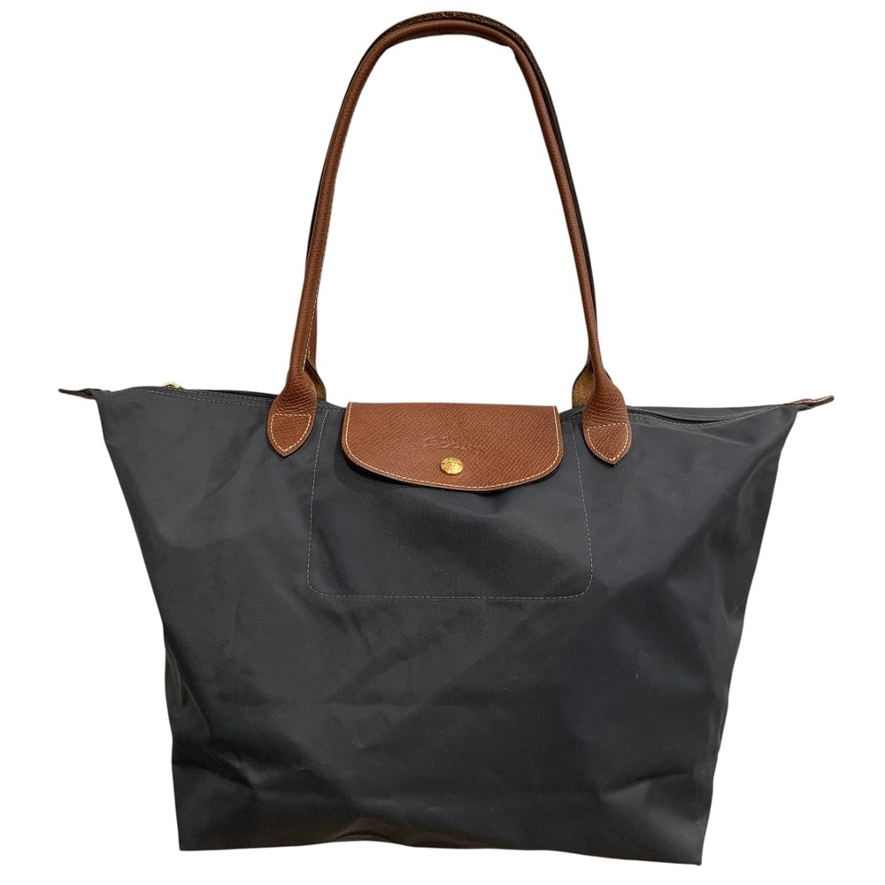 Longchamp Le Pliage Large Tote Black Brown Leather Nylon Shoulder Bag 19"